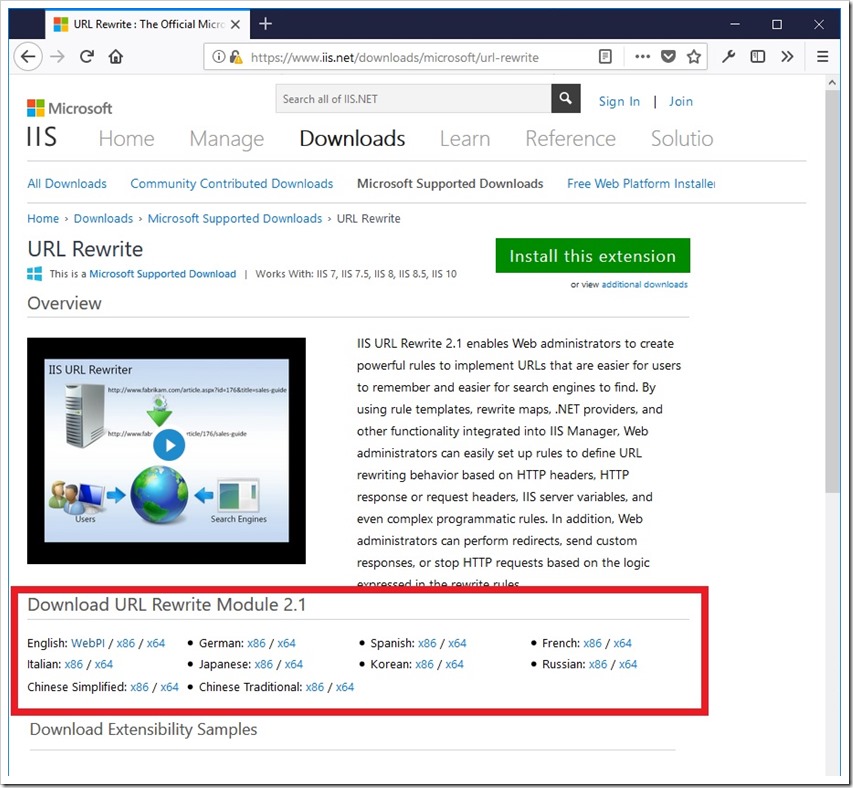 微软官方 IIS URL Rewrite 模块下载页面